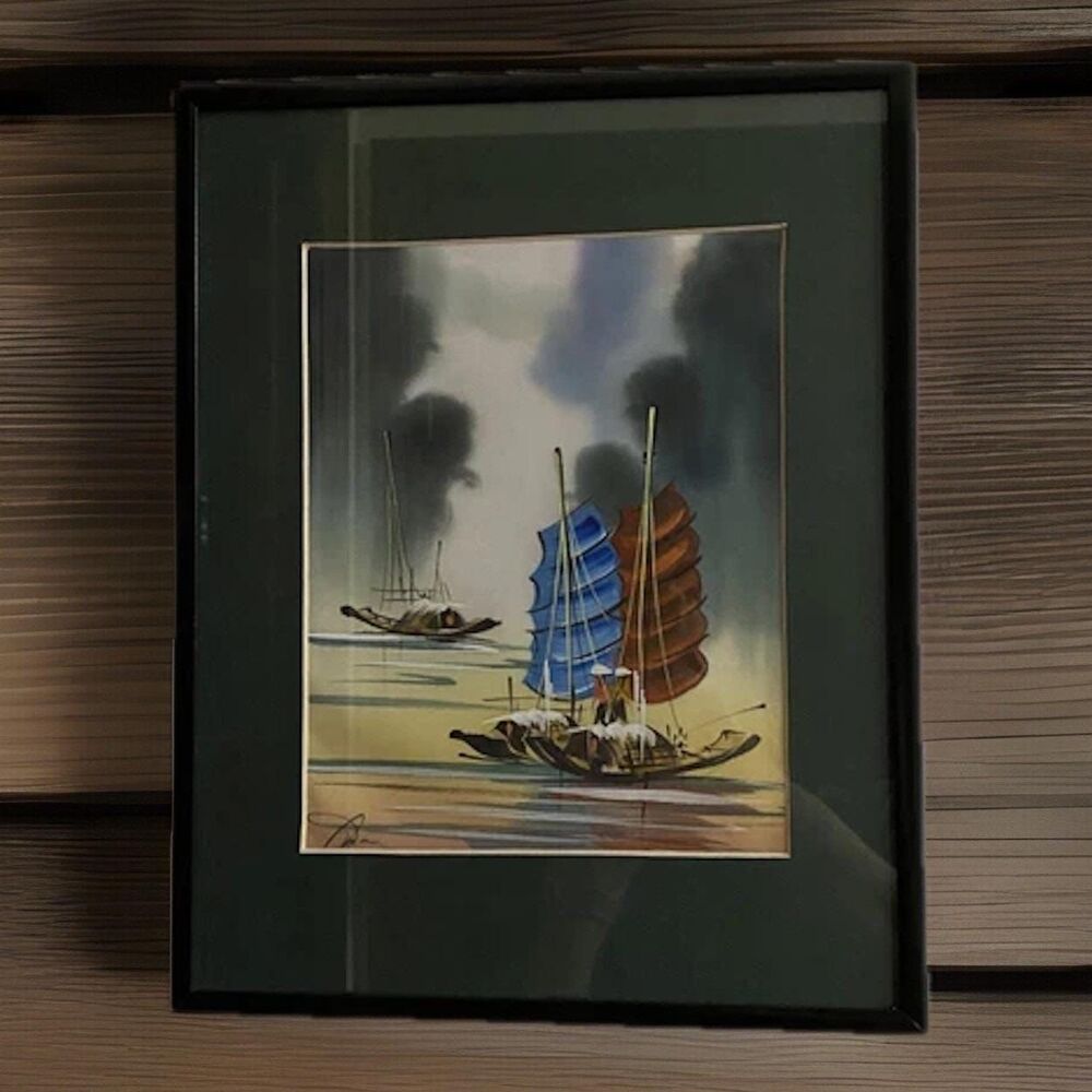 SE Asian Junk Boat Painting, Framed & Matted. Signed. Unknown Artist.